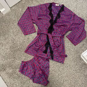 Vintage Victoria's Secret Red and Blue Plaid Robe with Black Lace